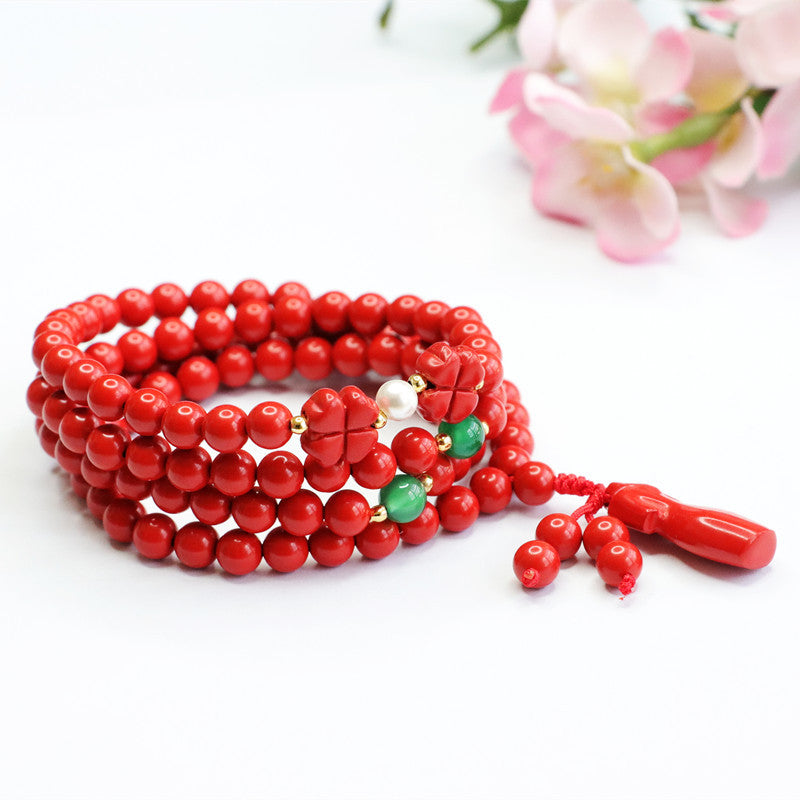 Lucky Clover Cinnabar Stone Sterling Silver Bracelet