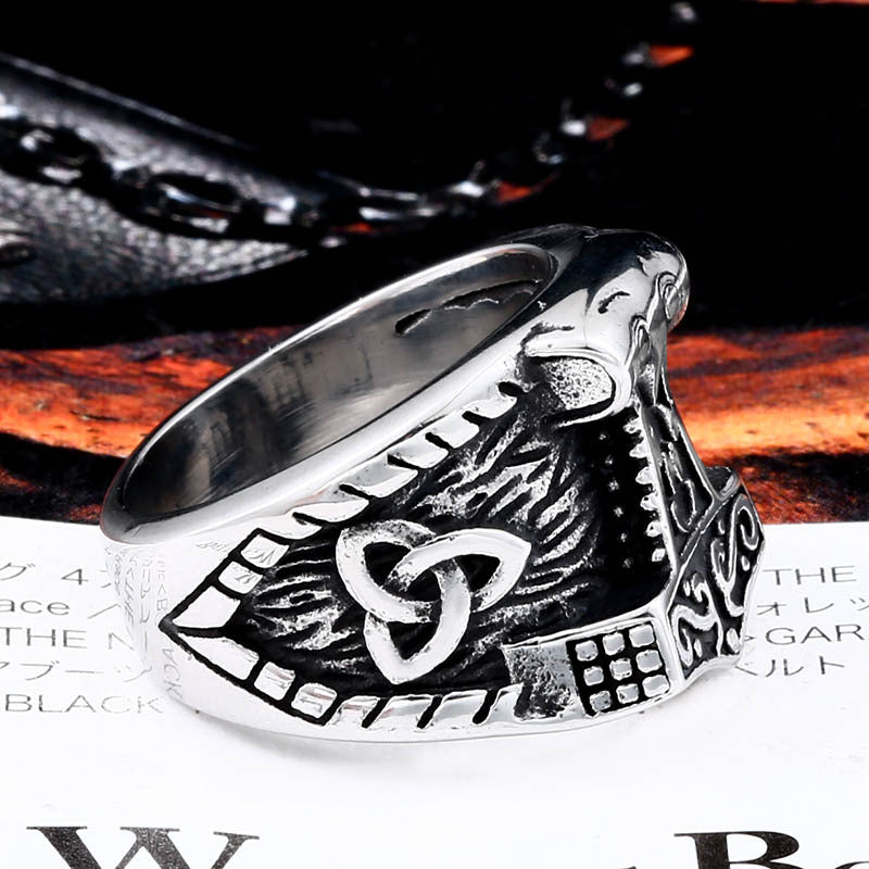 Mythical Warrior Viking Odin & Thor's Hammer Titanium Steel Ring for Men