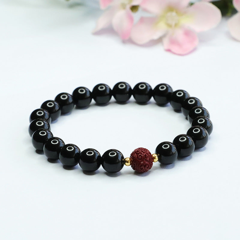 Black Agate and Purple Gold Sand Bead Sterling Silver Bracelet