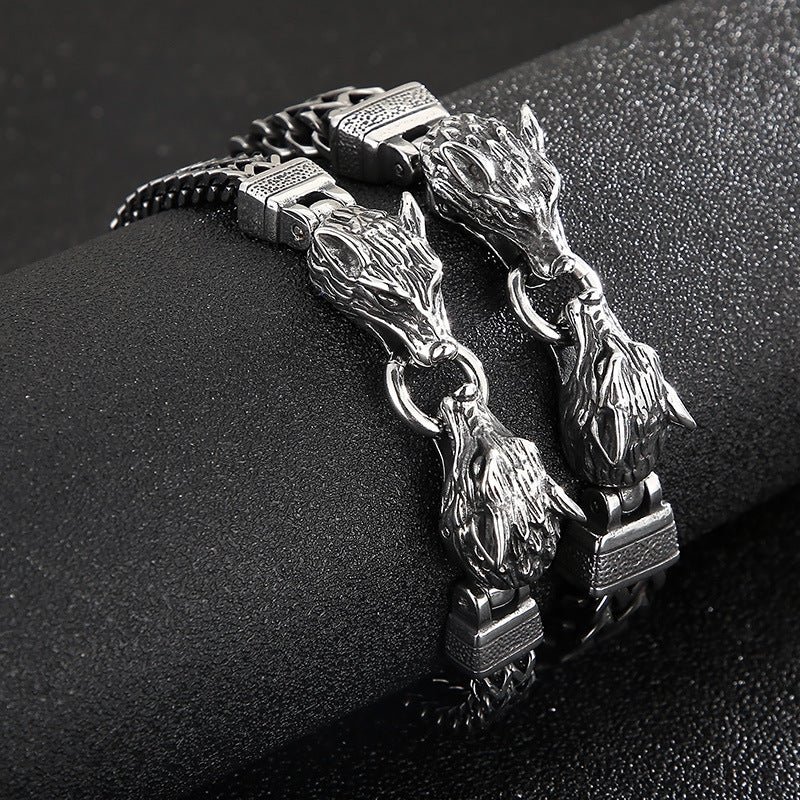 Woven Double-Row Fish Scale Bracelet with Retro Wolf Head Design for Men