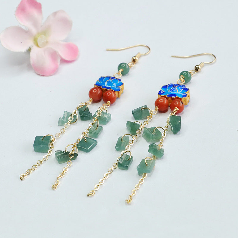 National Wind Jade Tassel Earrings with Sterling Silver Ear Hooks and Blue Enamel Lotus Symbol