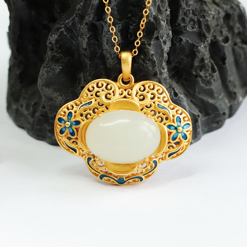 S925 Silver Natural Hotan Jade Pendant Oval White Jade Enamel Hollow Flower Ruyi Necklace