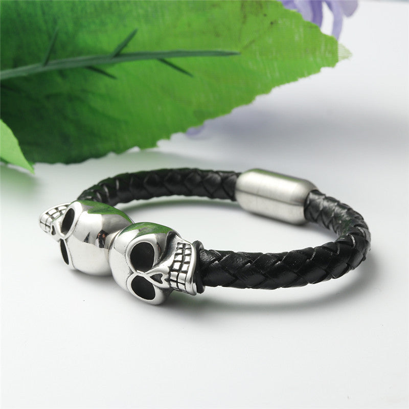 Titanium Steel Double Skull Bracelet: Edgy Punk Style for Men