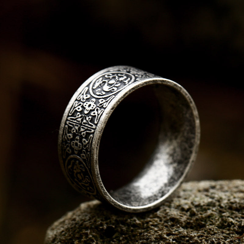 Custom Black Titanium Steel Men's Ring - Ethnic Design of the Four Divine Beasts