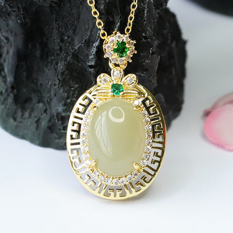 Natural Hotan Jade Pendant with Hollow Zircon Detail