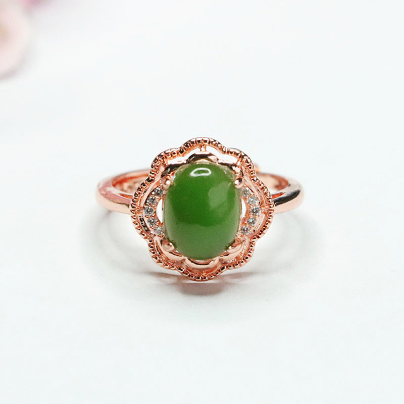 Elegant Retro Hetian Jade Petal Ring with Sterling Silver