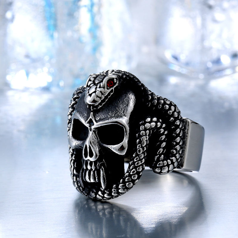 Retro Titanium Steel Python Skull Ring with Sparkling Zircon Accents for Men