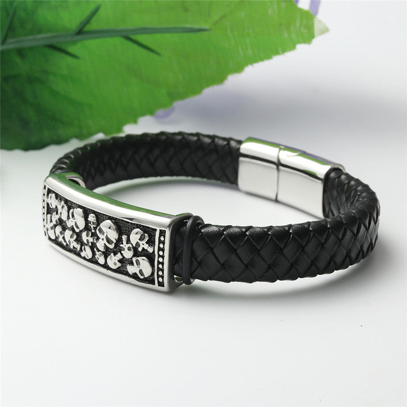 Men's Personalized Punk Titanium Steel Skull Leather Bracelet - Braided Design