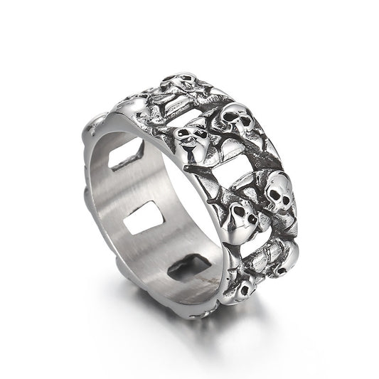 Creative Vintage Skull Ring: Men's Titanium Steel Double-Row Hollow Finger Wrench Design