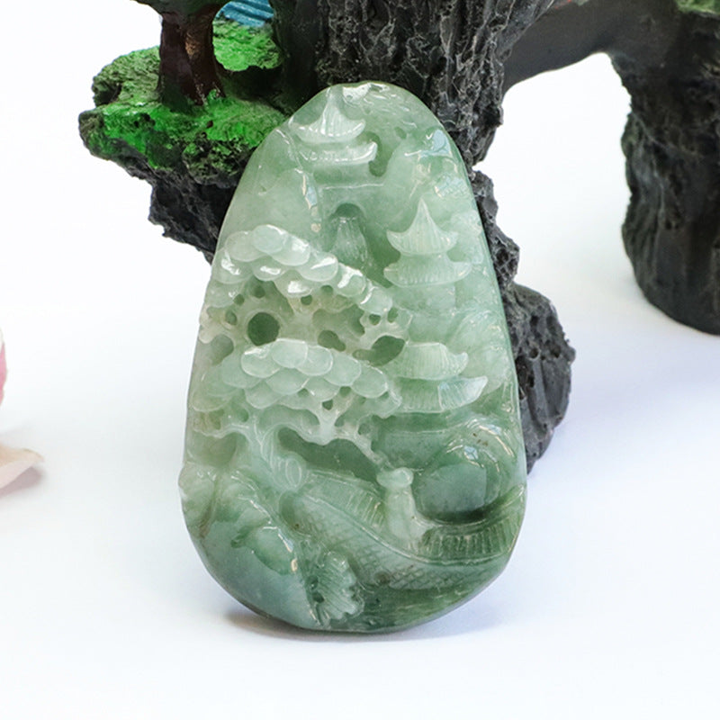 Green Landscape Jade Pendant Engraved with Full Nature Scenery