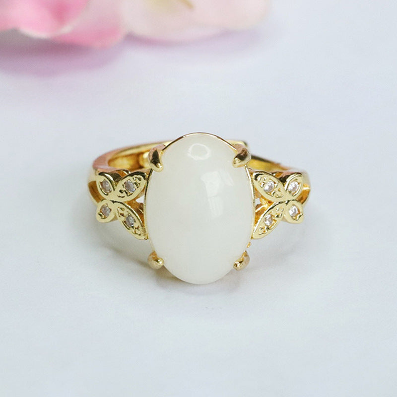 Elegant Butterfly Natural Hotan Jade and Sterling Silver Ring