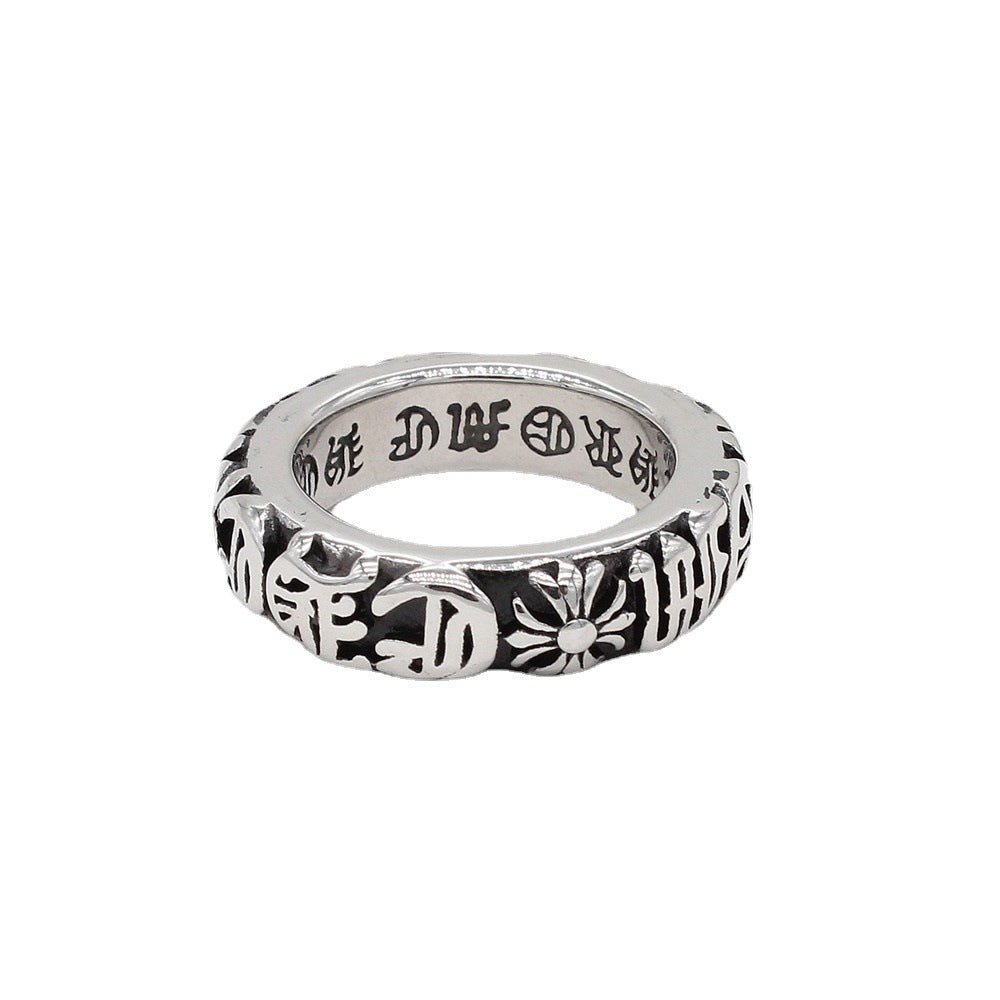 Relief Gothic Text Cross Flower Titanium Steel Ring for Men