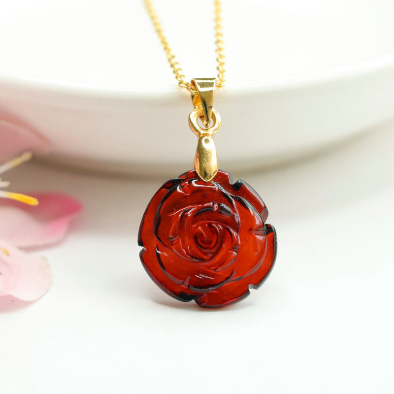 Rose Amber Jewelry Necklace with Beeswax Pendant