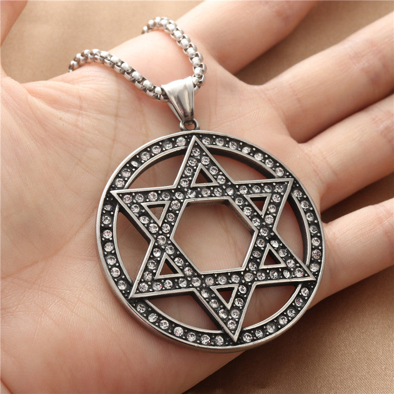 Titanium Steel Hexagram Pendant Necklace - Retro Punk Design with White Stone Star for Men and Women