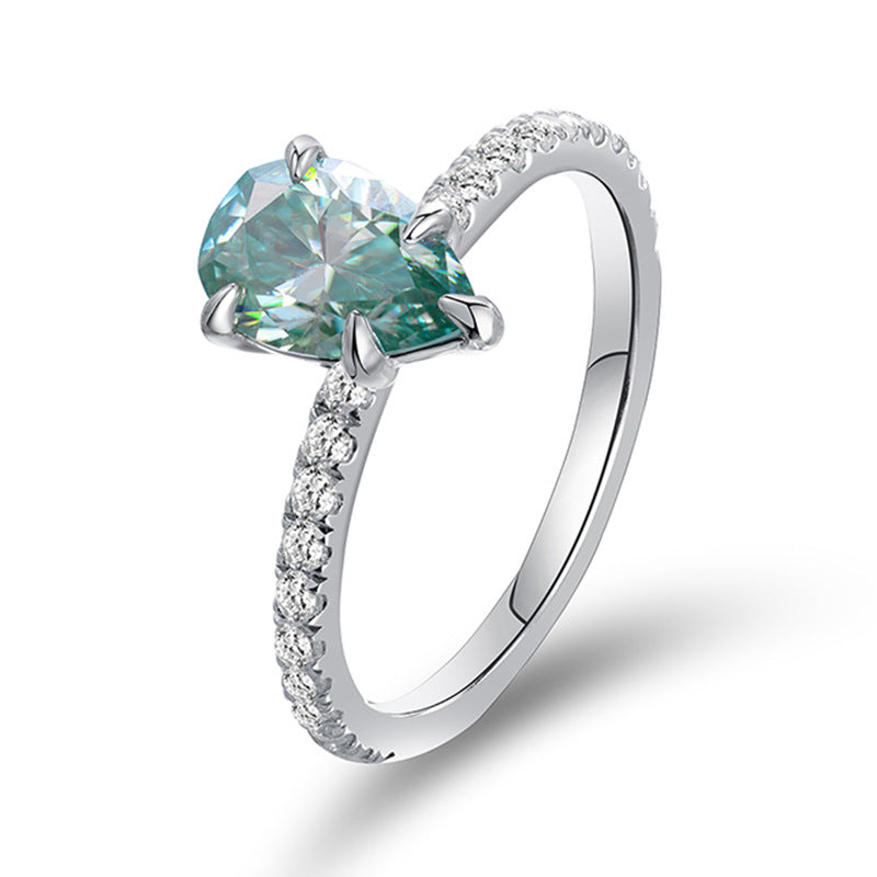 1.6 Carat Pear Shaped Ocean Blue Moissanite Silver Ring