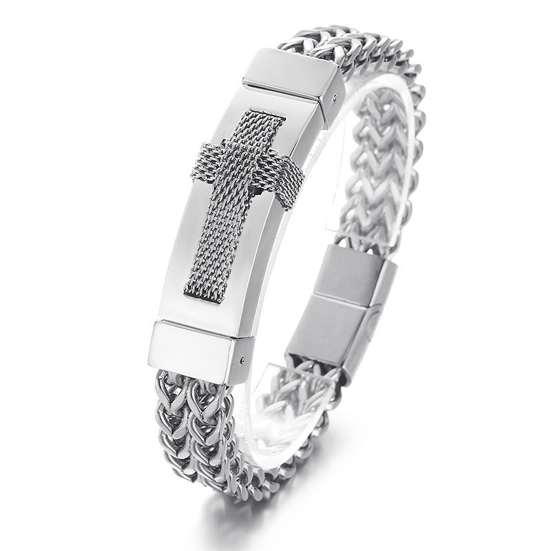 Trendy Woven Cross Stainless Steel Bracelet for Men - Hip-Hop Style with Rock Vacuum Plating