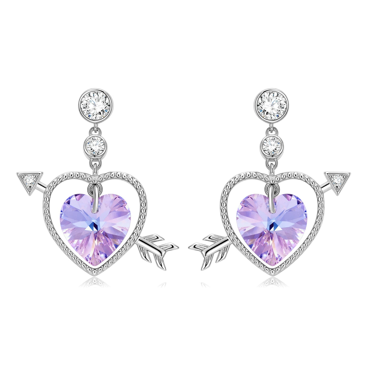 Cupid's Arrow Heart Shape Purple Zircon Silver Drop Earrings