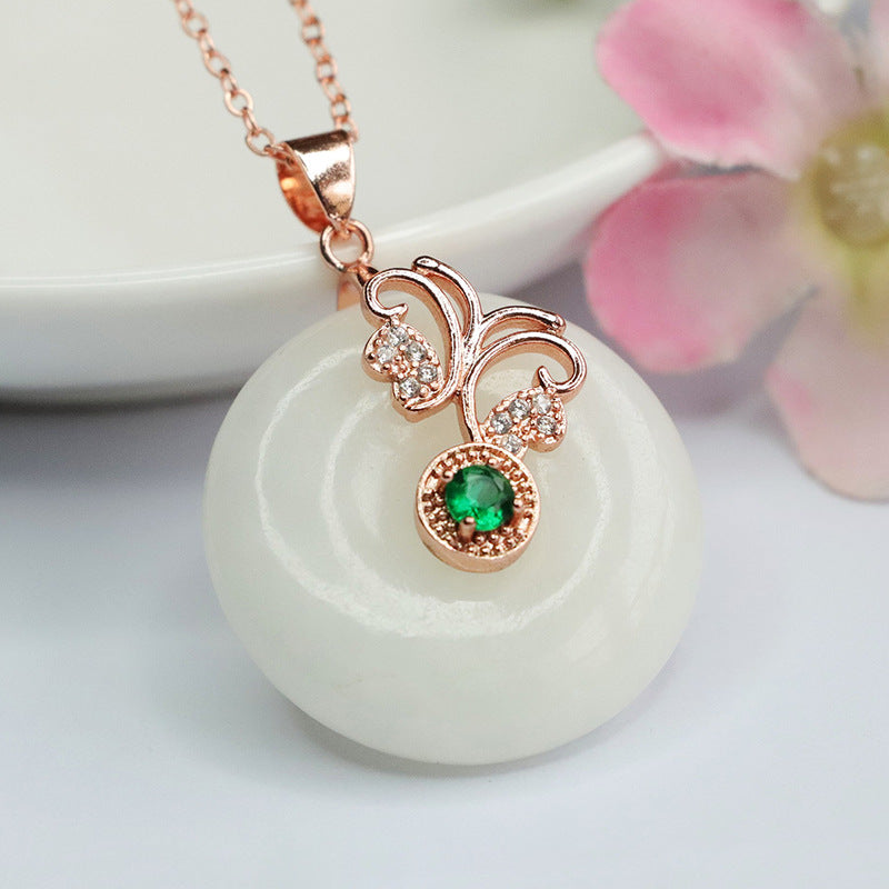 Elegant Grace and Fortune Hetian Jade Pendant Necklace with Zircon Butterfly Detail on Rose Gold Setting