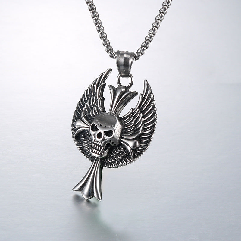 Titanium Steel Winged Skull Pendant for Men - Bold European and American Design