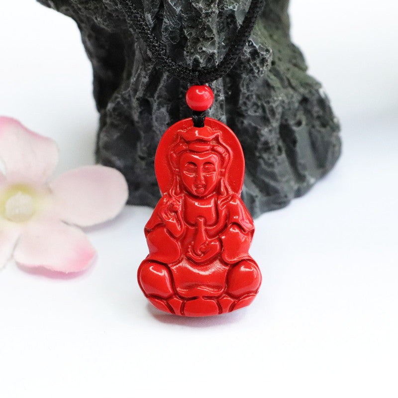 Vibrant Red Sand Guanyin Pendant for Good Fortune