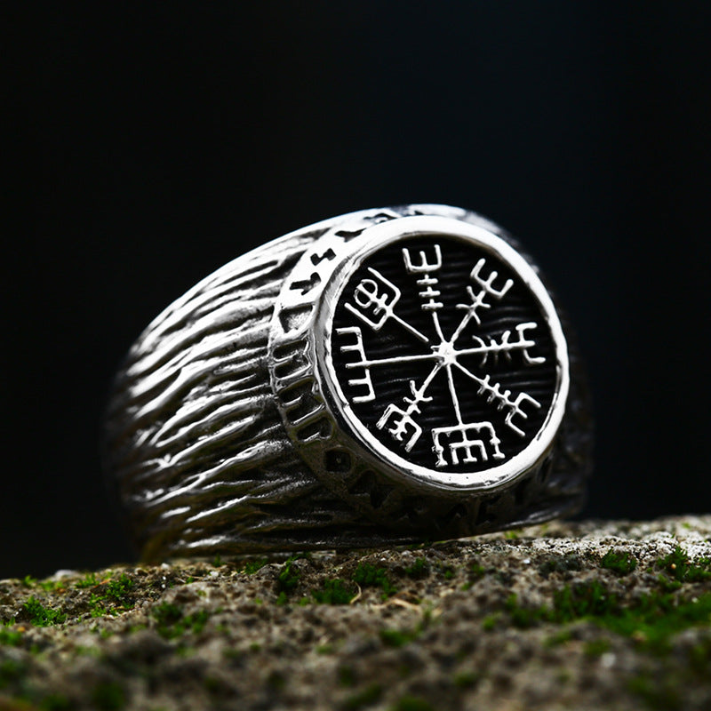 Titanium Steel Viking Compass Ring for Men - Retro Stainless Steel with Old Viking Letter Design