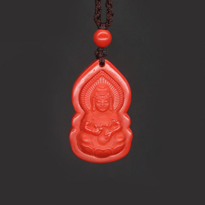 Cinnabar Stone Guanyin Buddha Pendant in Sterling Silver