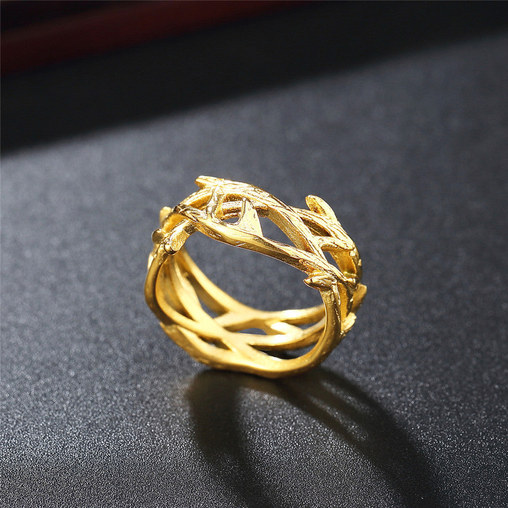 Gold Crown of Jesus Thorns Olive Branch Titanium Steel Ring