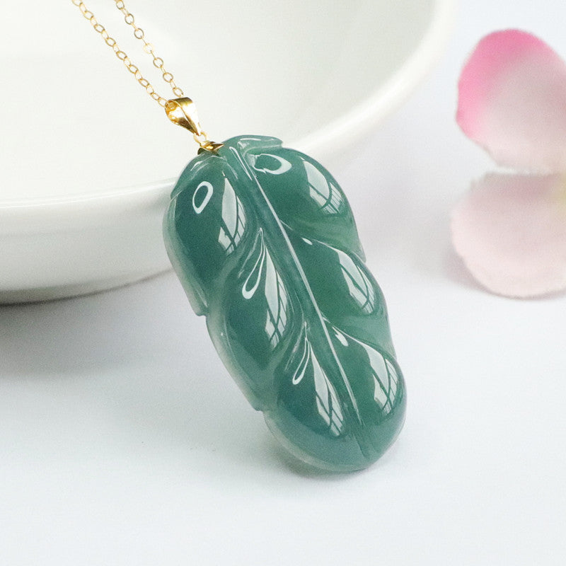 Jade Leaf Pendant Necklace with Sterling Silver Chain