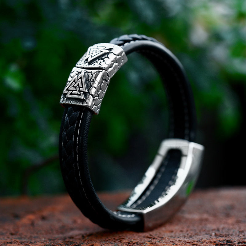 Stainless Steel Viking Rune Bracelet - Retro Leather Jewelry for Men