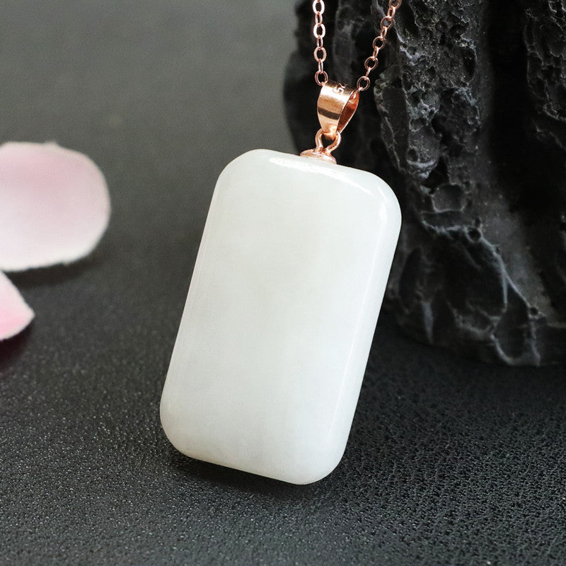 Smooth Rectangle White Hetian Jade Necklace with Sterling Silver Pendant