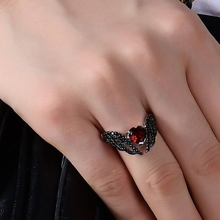 Darkness Wings Heart Shape Natural Gemstone Silver Ring