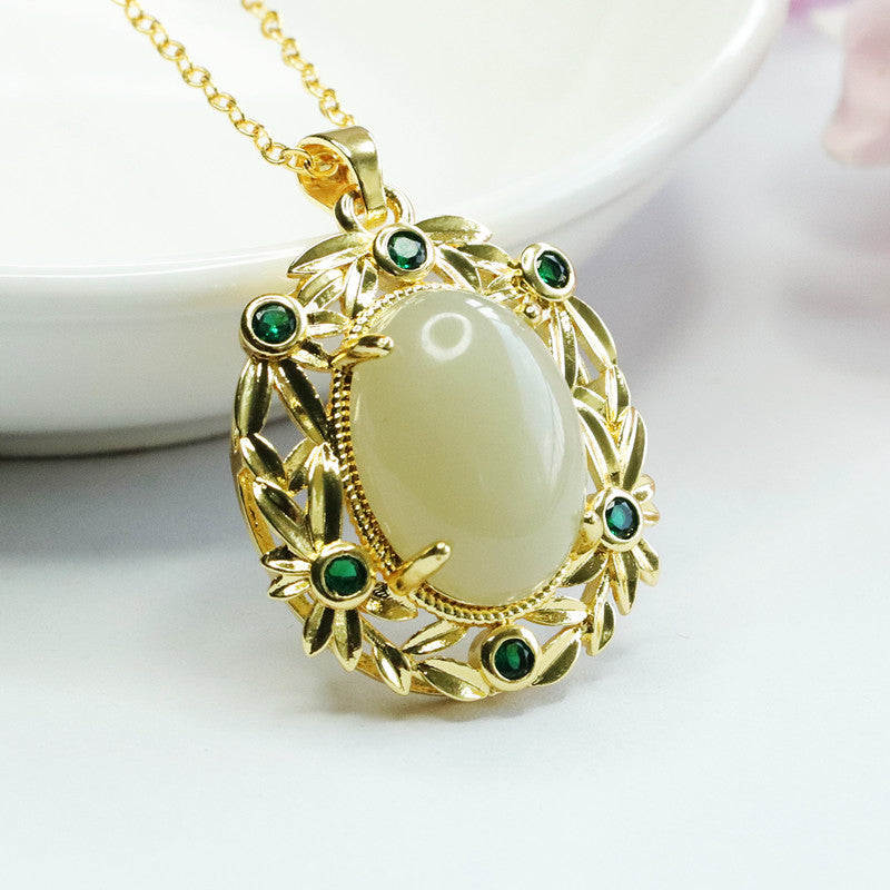 Green Zircon Bamboo Leaf Oval Hotan Jade Pendant Jewelry