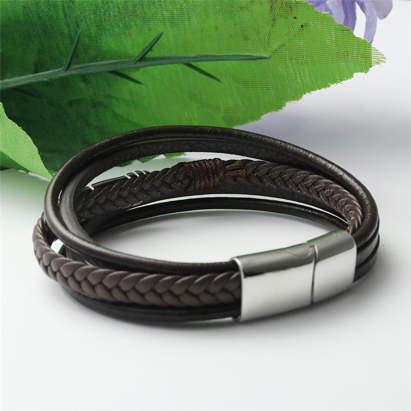 Titanium Steel Winged Punk Leather Bracelet for Men - Personalized Woven Design