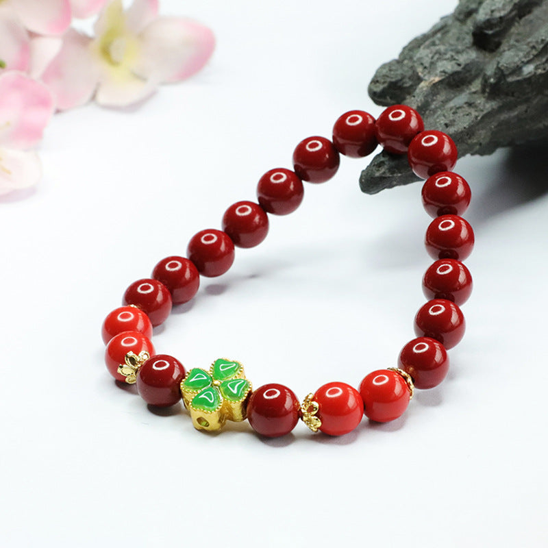 Purple Gold Sand Bracelet with Cinnabar Stone and Four-leaf Clover Jade, Inspired by Palace Aesthetics