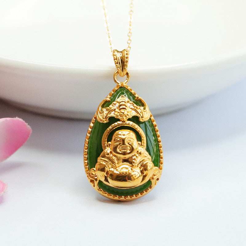 Golden Buddha Necklace with Hetian Jade Water Drop Jasper