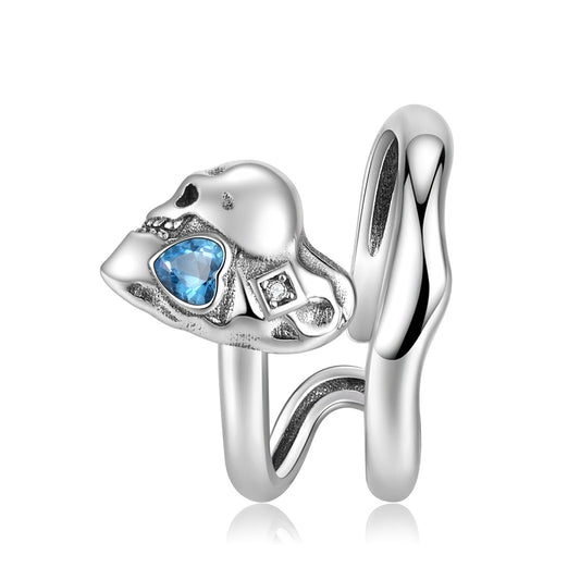 Halloween Skeleton Face Heart Shape Blue Zircon Opening Silver Ring