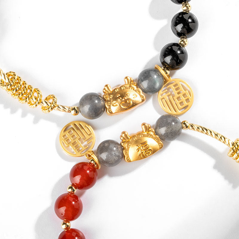 Zodiac Dragon Red Agate and Acacia Beads Bracelet by Planderful - Fortune's Favor Collection