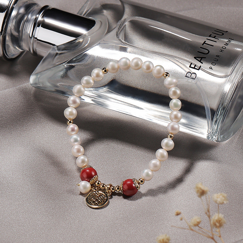 Fortune's Favor Freshwater Pearl and Cinnabar Bracelet - Sterling Silver Jewelry