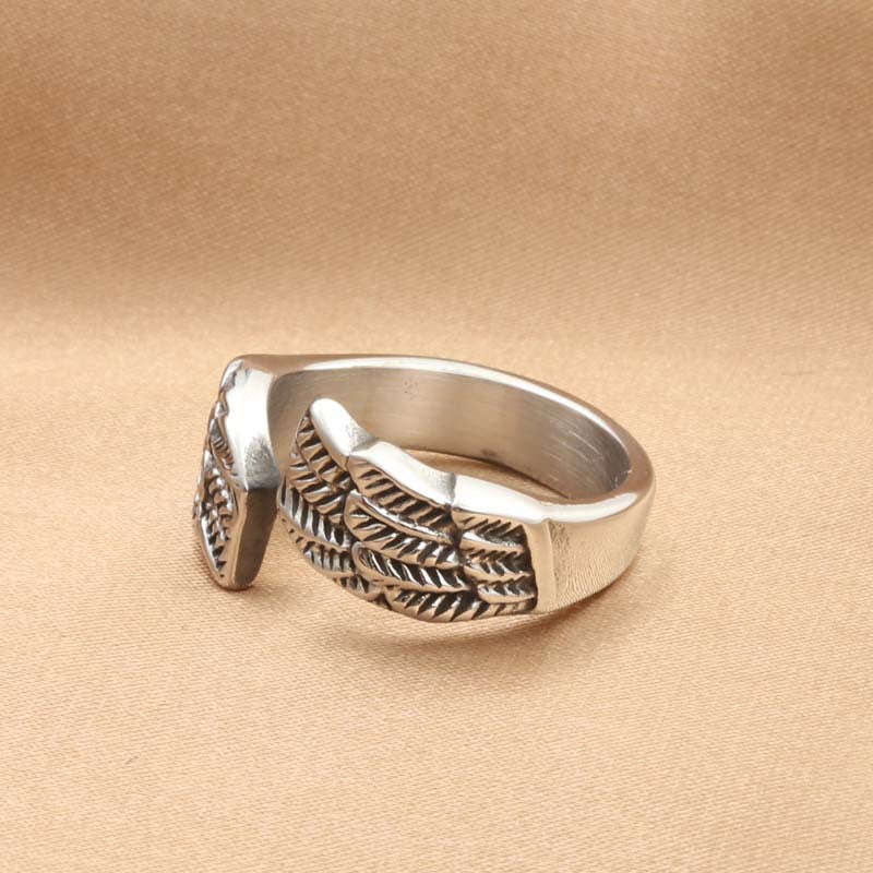 Titanium Steel Retro Feather Ring for Men - Unique Angel Wing Design