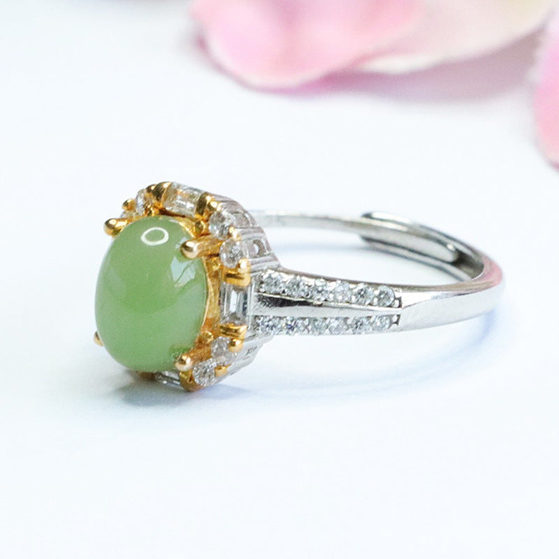 Sparkling Zircon Hotan Jade Jasper Egg Silver Ring