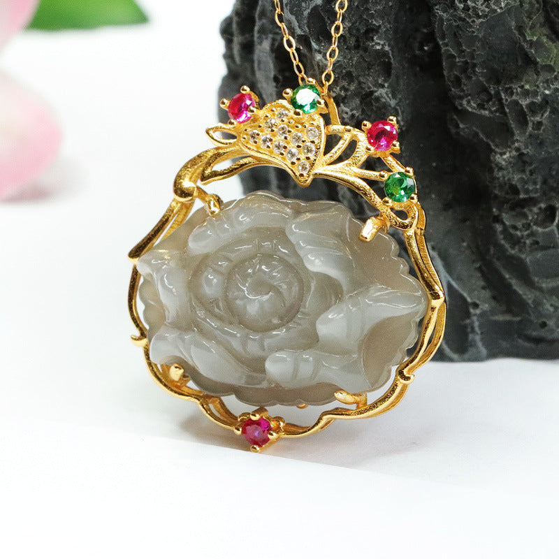 Purple Smoke Peony Flower Necklace with Natural Hetian Jade and Colorful Zircon