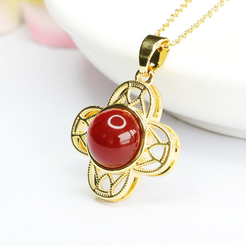 Red Agate Hollow Clover Pendant Necklace Jewelry With Sterling Silver Chain