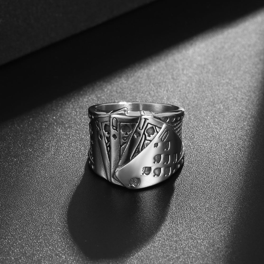 Customizable Titanium Steel Playing Card Ring for Men - Stylish Hip-Hop Rock Jewelry