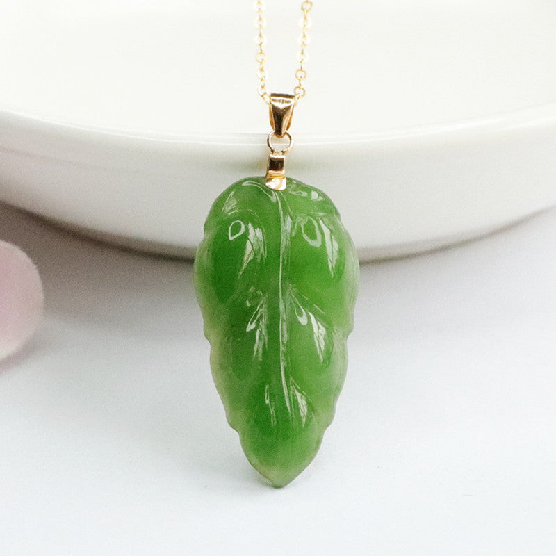 Jade Leaf Pendant Necklace in Russian Green Hotan Jade