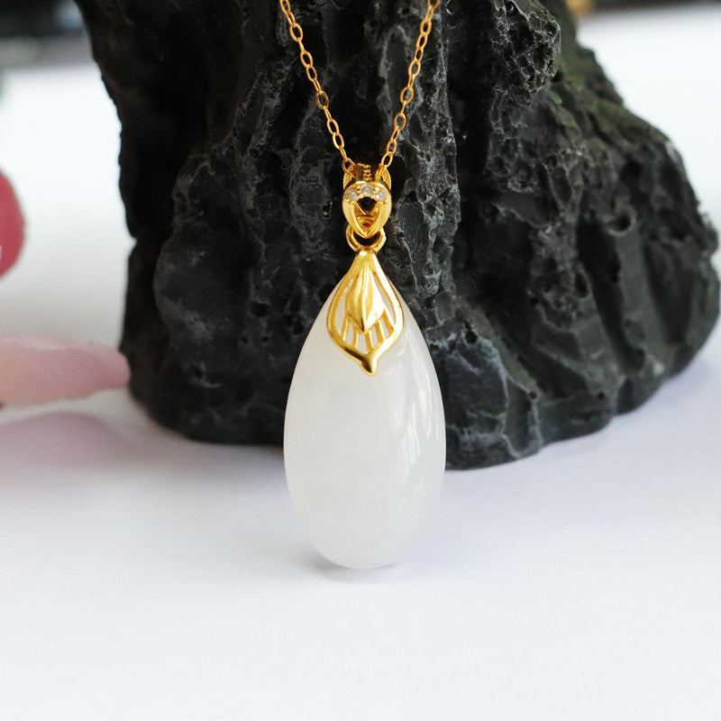 White Hetian Jade Droplet Necklace with Sterling Silver