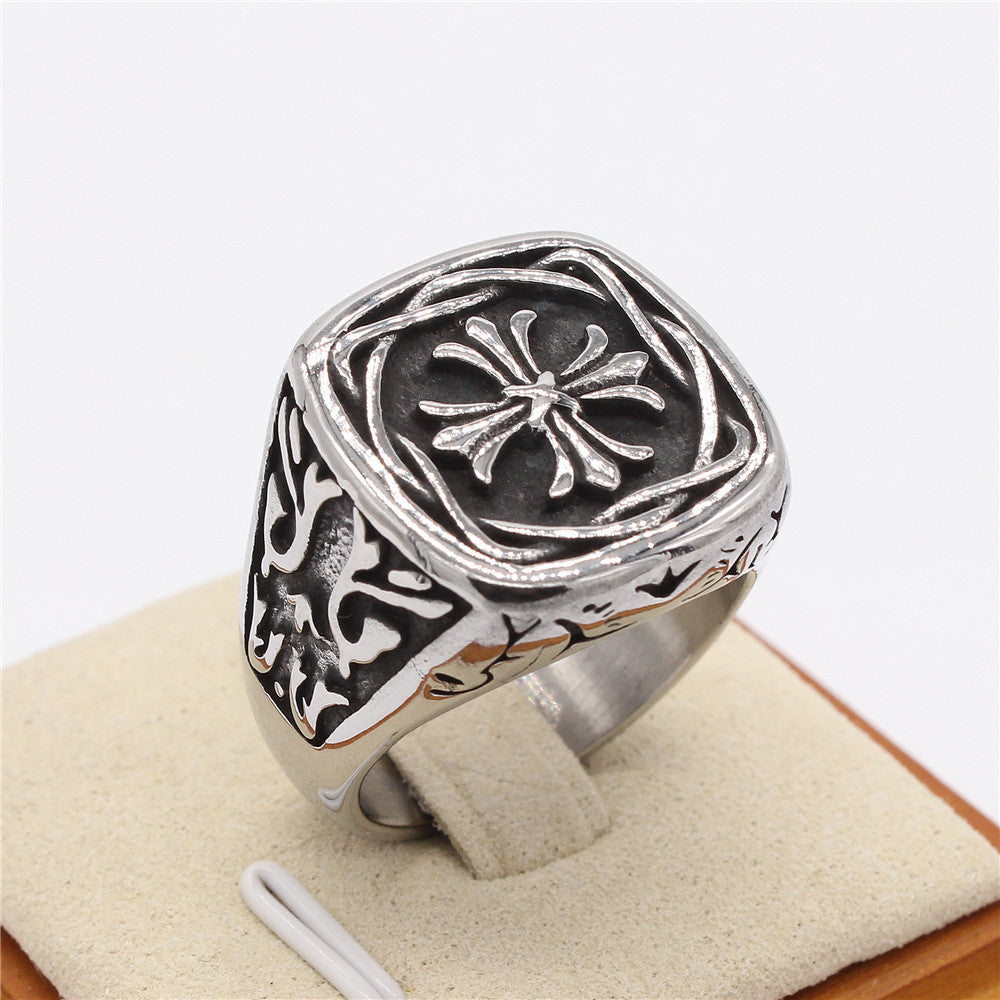 Retro Pattern Cross Flower Square Titanium Steel Ring for Men