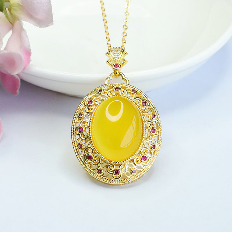 Yellow Chalcedony Ruyi Pattern Zircon Sterling Silver Pendant