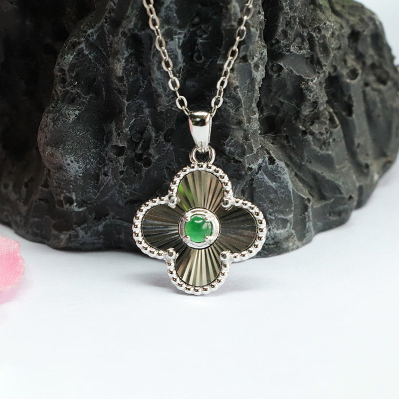 Sterling Silver Four-leaf Clover Ice Jade Pendant Necklace