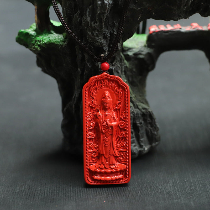 Red Sand Flame Standing Guanyin Pendant with Cinnabar Stone