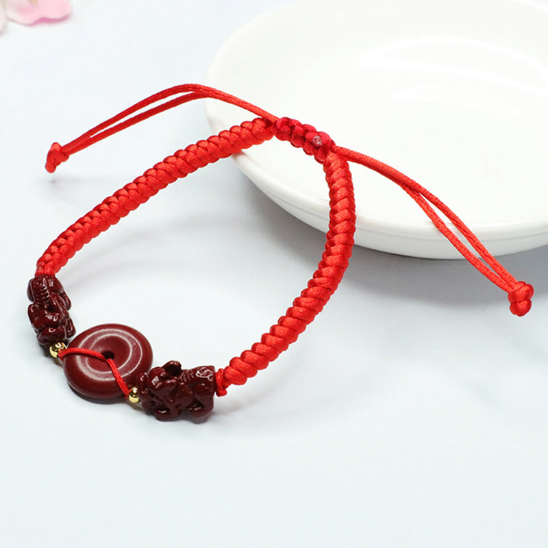 Double Pixiu Cinnabar Stone Bracelet with Sterling Silver Buckle